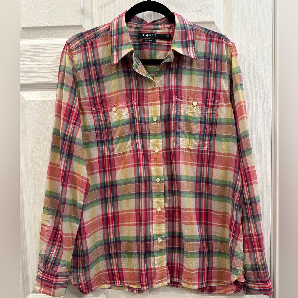 Lauren Ralph Lauren Denim L Plaid Pink Multicolor Long Sleeve Button Pocket EUC